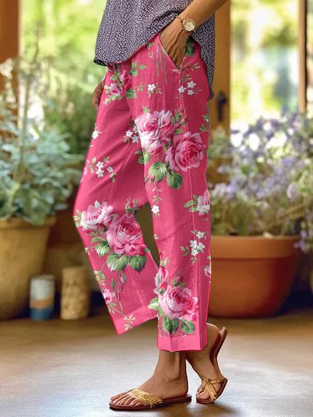 Women's Rose Floral Pattern Loose Casual Trousers With Pockets