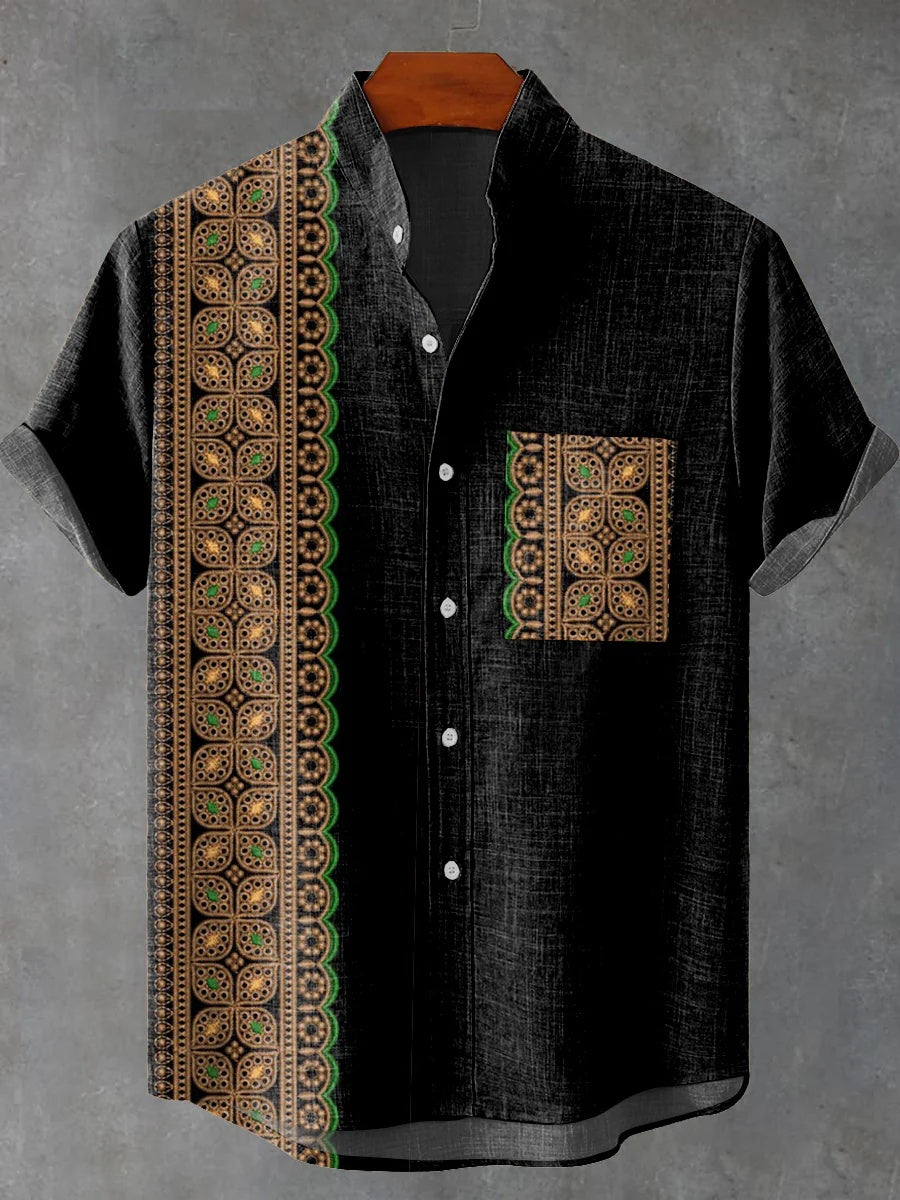 Urban Linen Short-sleeved Men's Shirts with Artistic Pattern