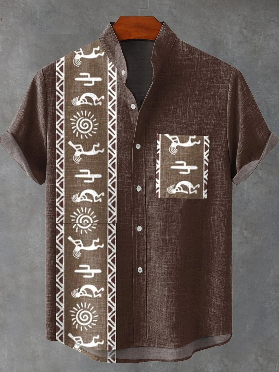 Urban Linen Short-sleeved Men's Shirts with Artistic Pattern