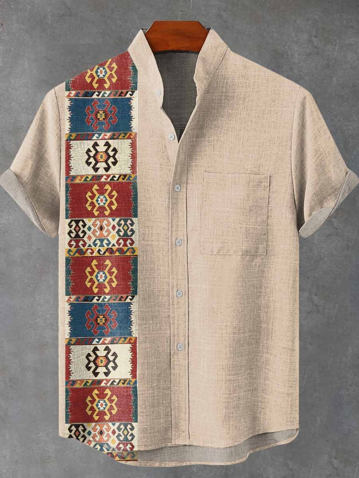 Urban Linen Short-sleeved Men's Shirts with Artistic Pattern
