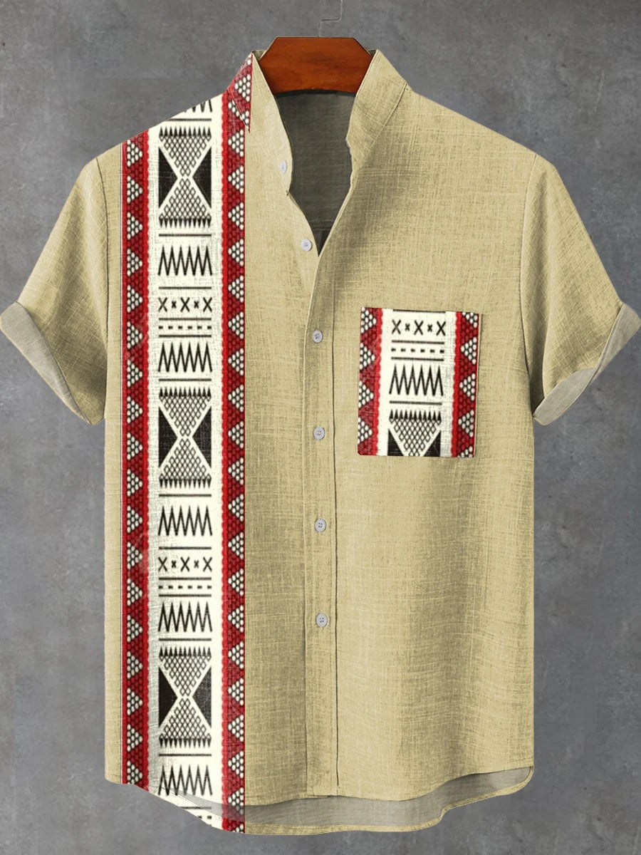 Urban Linen Short-sleeved Men's Shirts with Artistic Pattern