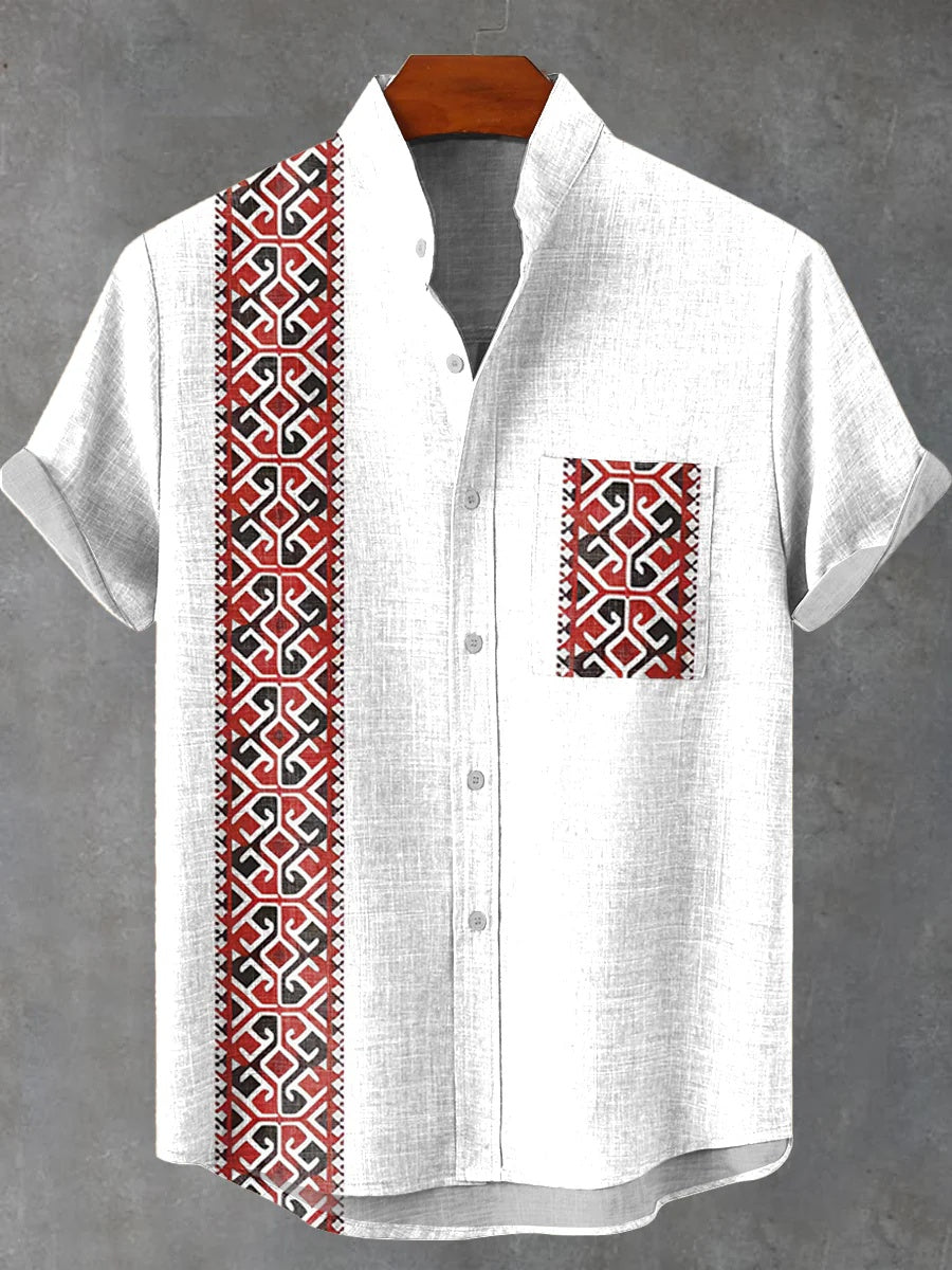 Urban Linen Short-sleeved Men's Shirts with Artistic Pattern