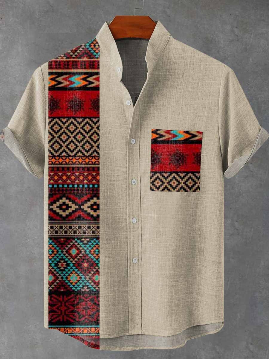 Urban Linen Short-sleeved Men's Shirts with Artistic Pattern