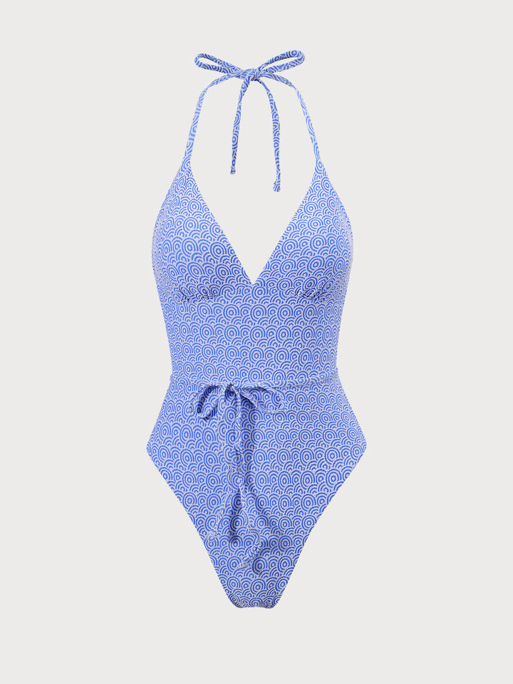 Blue Jacquard Halter One-Piece Swimsuit