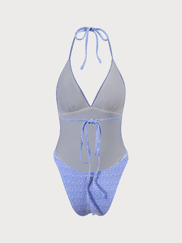 Blue Jacquard Halter One-Piece Swimsuit