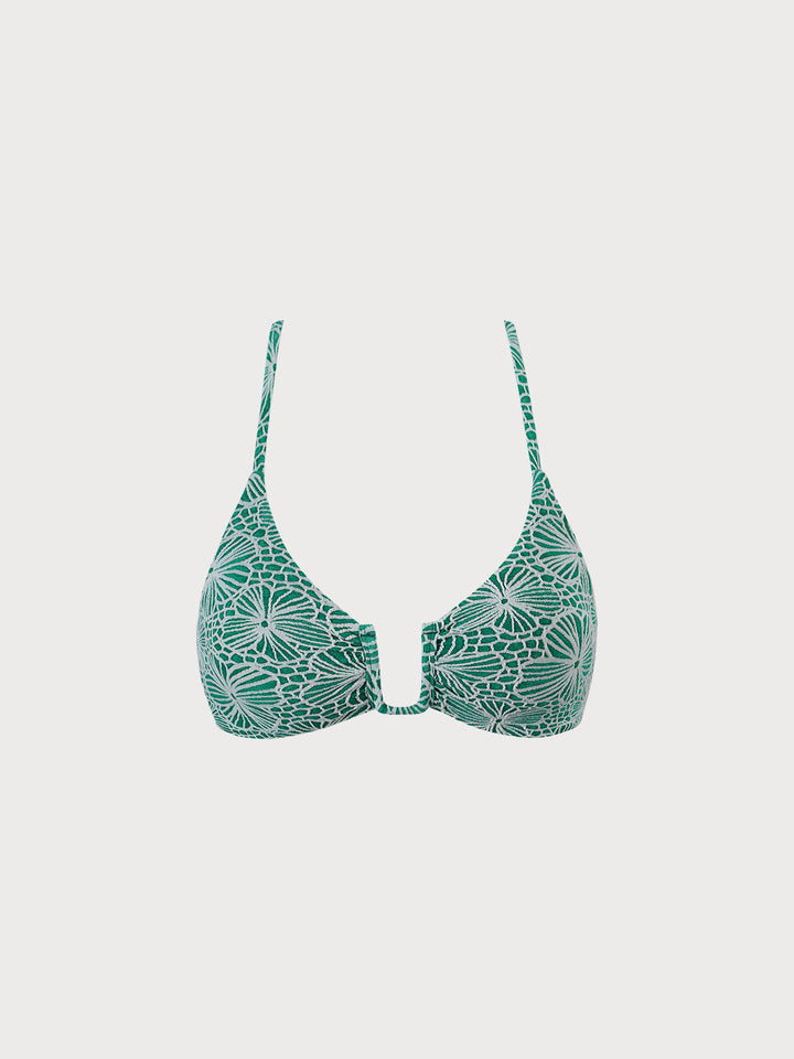 Green Floral Jacquard U-Ring Bikini Top