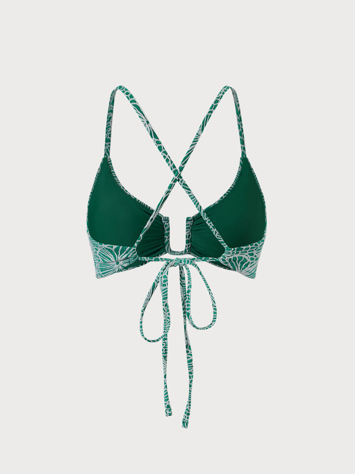 Green Floral Jacquard U-Ring Bikini Top