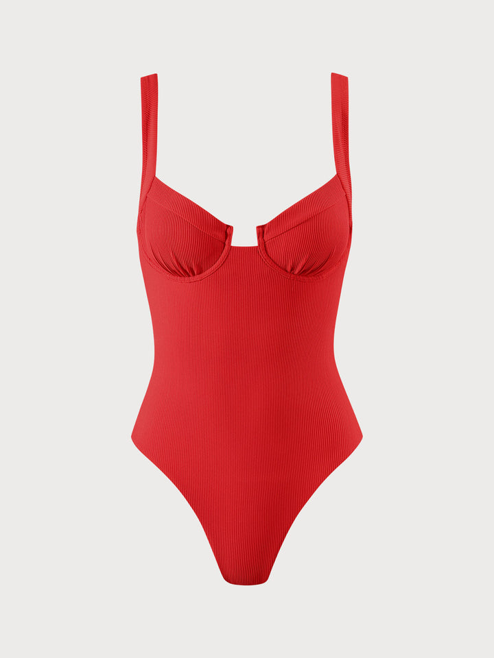 Red Ribbed Knotted One-Piece Swimsuit