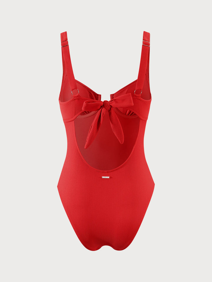 Red Ribbed Knotted One-Piece Swimsuit