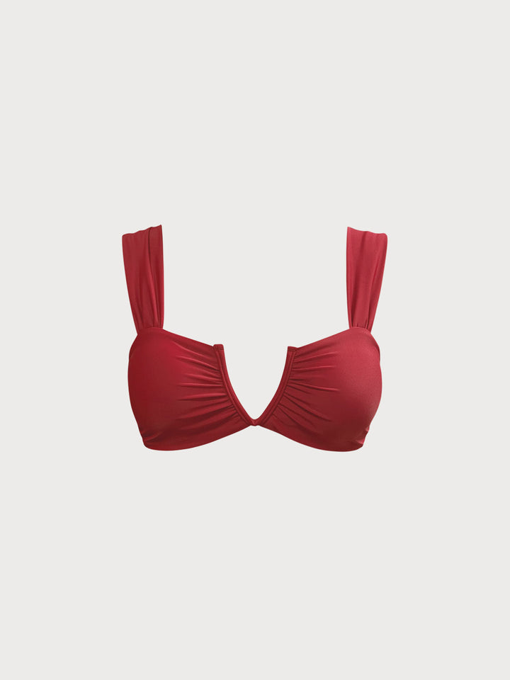 Red Ruched V Neck Bikini Top