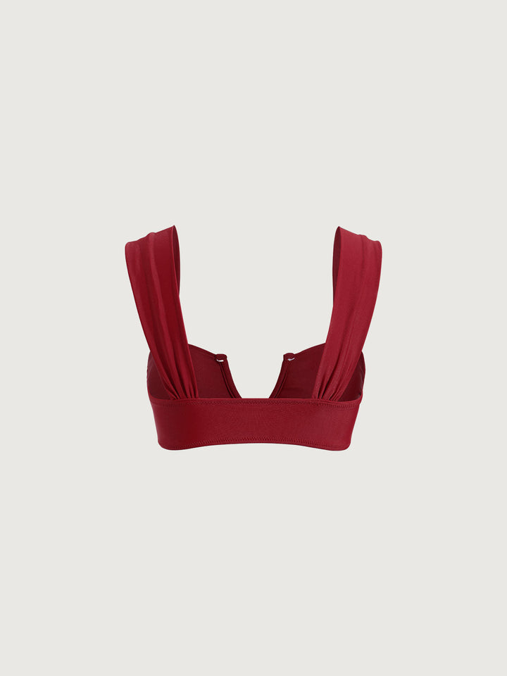 Red Ruched V Neck Bikini Top