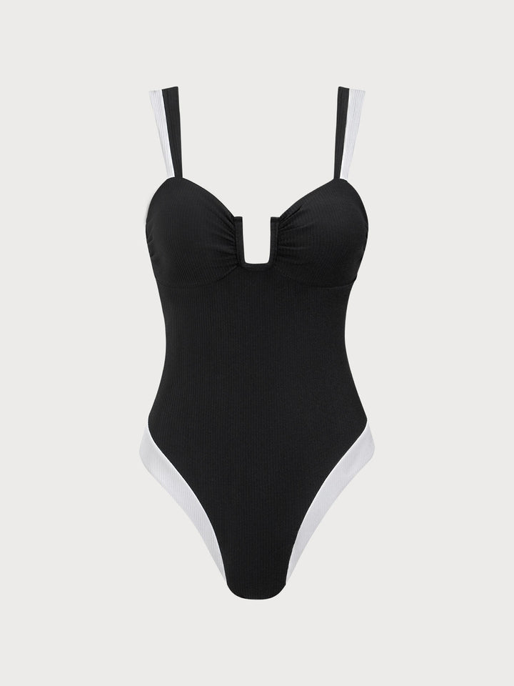 Black Contrast U Neck One-Piece Swimsuit