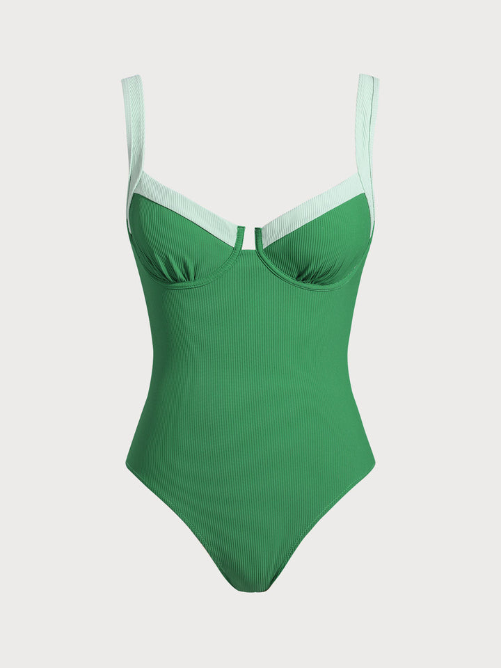 Green Contrast Trim Knotted One-Piece Swimsuit