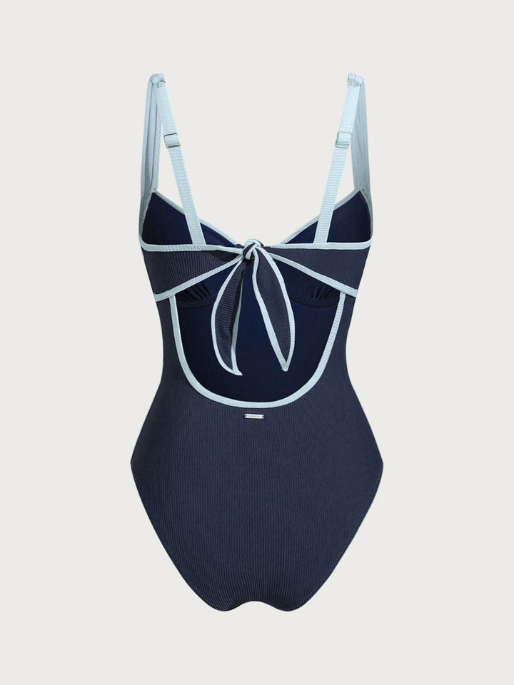 Blue Contrast Trim Knotted One-Piece Swimsuit