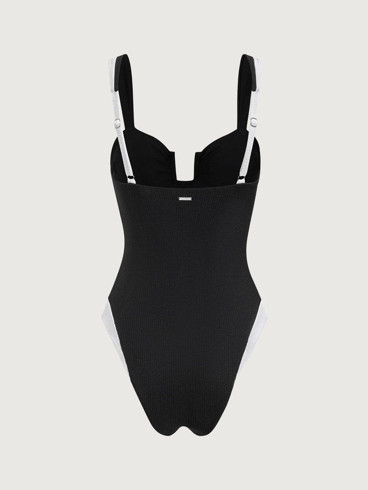 Black Contrast U Neck One-Piece Swimsuit