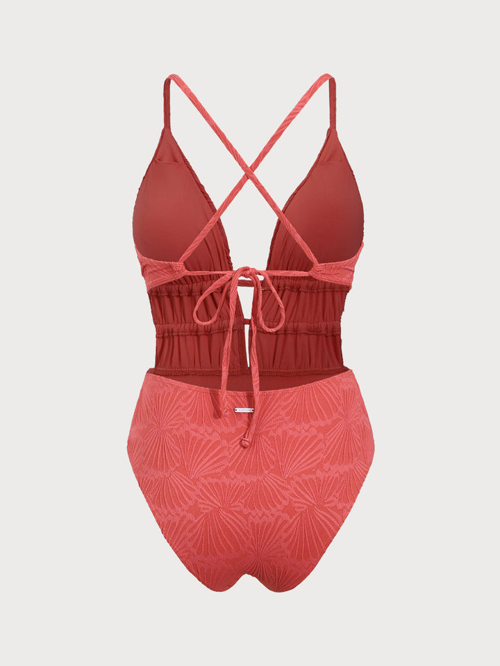 Red Textured Plunge One-Piece Swimsuit