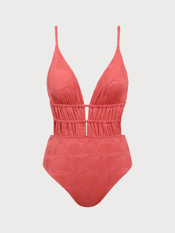 Red Textured Plunge One-Piece Swimsuit